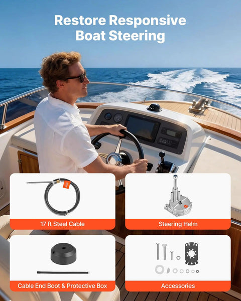 Boat Steering System Kit With 17 Ft Outboard Steering Cable And Aluminum Alloy Helm shown with components and installation.