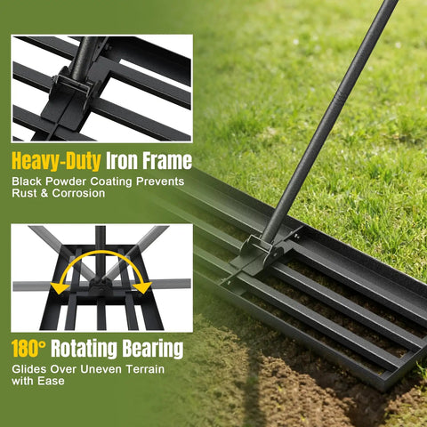 Wide 30 Inch Lawn Leveling Rake With Adjustable 47 To 77 Inch Telescoping Handle And 180 Degree Rotating Head highlighted