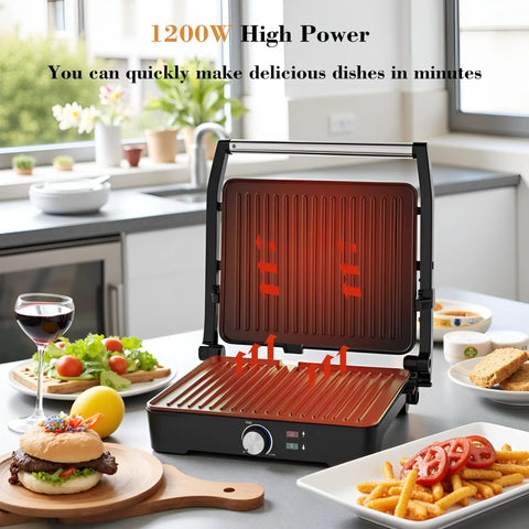Versatile Contact Grill And Panini Press With 180 Degree Floating Hinge Plates For Steaks, Sausages, Quesadillas on a kitchen counter, showing heating elements.