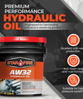 AW32 Hydraulic Fluid 5 Gallon Pail For Industrial And Mobile Gear Premium Heavy Duty Anti Wear Anti Foam Rust And Corrosion Protection High Temperature Stability Long Lasting Performance displayed with features