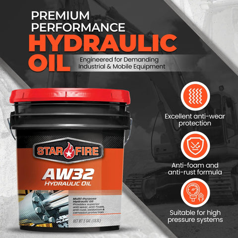 AW32 Hydraulic Fluid 5 Gallon Pail For Industrial And Mobile Gear Premium Heavy Duty Anti Wear Anti Foam Rust And Corrosion Protection High Temperature Stability Long Lasting Performance displayed with features