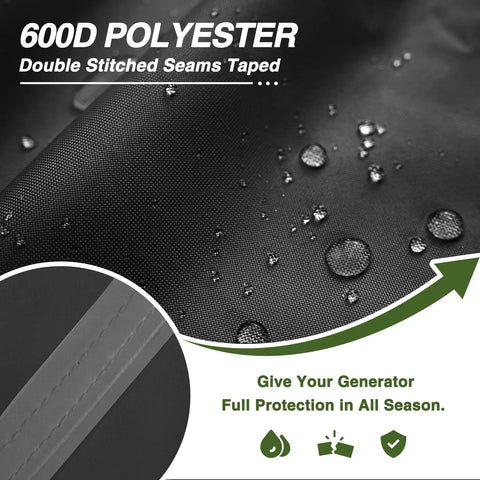 Close-up of 600D polyester fabric with water droplets, showing durability for Beefy Heavy Duty Generator Cover Fits 5500W to 15000W Gas and Inverter Models.