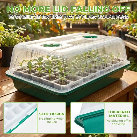 No Fuss Seed Starter Tray Kit With Reusable Germination Trays, Humidity Domes And Bases, 40 Cell Green Set On Wooden Table.