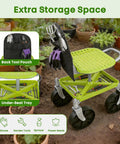 Swivel Garden Stool With 360 Degree Wheels And Height Adjustable Seat From 12.6 To 16.1 Inches Rolling Cart With Back Tool Pouch And Under Seat Tray Perfect Gift For Women Parents And Seniors Who Love Yard Work in a garden setting, showing green seat, back tool pouch, and under-seat tray with tools.