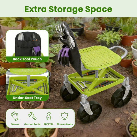Swivel Garden Stool With 360 Degree Wheels And Height Adjustable Seat From 12.6 To 16.1 Inches Rolling Cart With Back Tool Pouch And Under Seat Tray Perfect Gift For Women Parents And Seniors Who Love Yard Work in a garden setting, showing green seat, back tool pouch, and under-seat tray with tools.