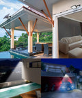 Collage of 1000 Lumen 48 LED Solar Dusk To Dawn Outdoor Light illuminating various outdoor settings including patio and garage.