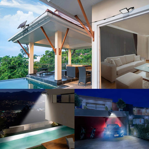 Collage of 1000 Lumen 48 LED Solar Dusk To Dawn Outdoor Light illuminating various outdoor settings including patio and garage.