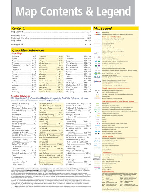 Large-Scale Motor Carriers Road Atlas For Truckers With 37 Percent Bigger Maps, Extra Large Type, Laminated And Stain-Resistant Pages, Tough Spiral Bind, 324 Pages Of State Routes And Comprehensive Coverage map contents and legend page