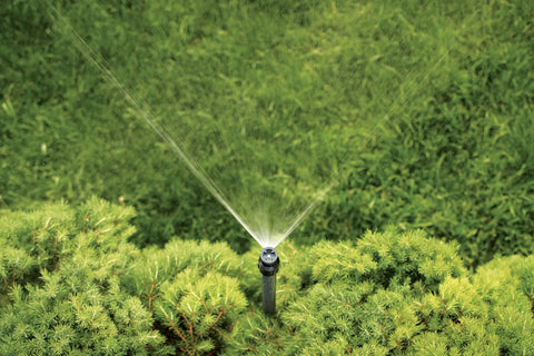 No Fuss Shrub Head Sprinkler With Quarter Pattern Spray Nozzle For Outdoor Gardens And Landscaping, watering shrubs in a garden.