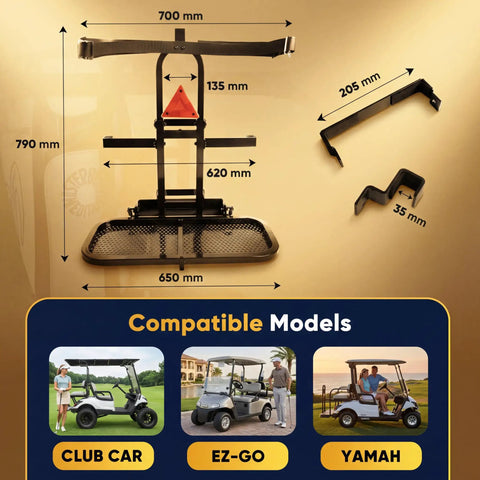 Dimensions and components of Rear Seat Golf Cart Bag Holder With Foldable Rack And Safety Grab Bar Up To 8 Inches Easy No Drill Install Compatible With EZGO Club Car Yamaha Keeps Bags Secure And From Sliding On Bumpy Rides.