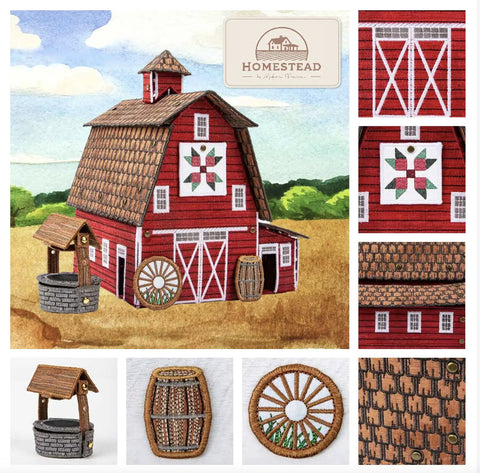 Homestead-style 3D paper model with miniature structure brads, featuring barn, well, and wheel decor for crafting projects.