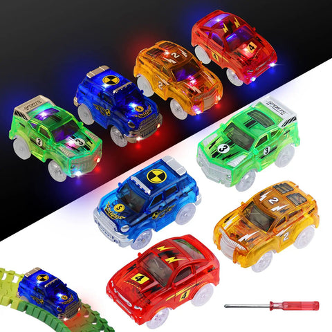 Glow In The Dark Track Cars 4 Pack Replacement Toys For Kids Aged 3 To 8 With 5 LED Lights, DIY Stickers, Arc Edges displayed on surface
