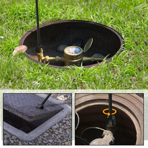16 Inch Water Meter Key With Heavy Duty Steel T Handle Four Way Universal Cross Key shown accessing city water meter.