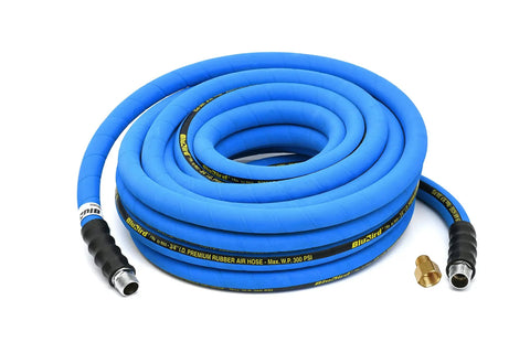 Heavy Duty 3/4 X 50 Ft Rubber Air Hose Rated For 300 Psi With Reinforced Braid and brass connection for durability.