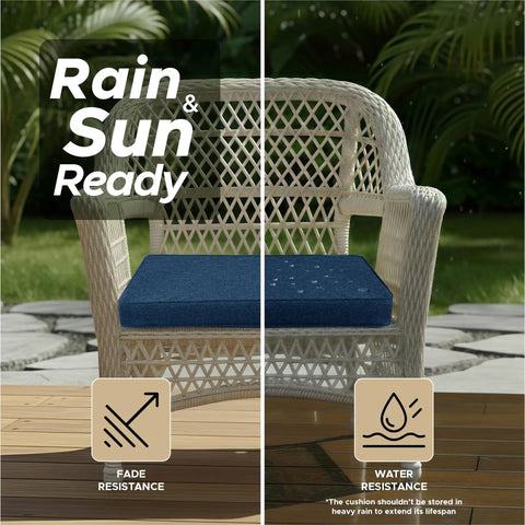 Outdoor Chair Cushions Set Of 4 19 By 19 Inch Navy Blue All Weather Water Resistant And Fade Resistant Patio Seat Pads With Ties Removable Covers Non Slip Bottom installed on a wicker chair outdoors.