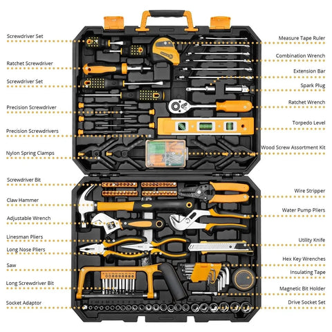 All Purpose Home Repair Tool Kit 62 100 128 158 196 piece set in durable plastic case, showing diverse hand tools neatly organized