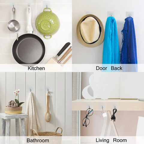 Self Adhesive Heavy Duty Wall Hooks 32 Pack Hold Tight Up To 33 Pounds Each Clear Invisible Reusable Room Organizer For Bathroom Kitchen Garage No Drill Needed Total Game Changer