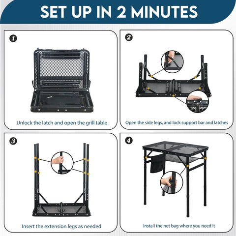 Setup steps for Small Folding Grill Table For Camping And Outdoor Cooking Portable BBQ Ready Picnic Stand with mesh bag
