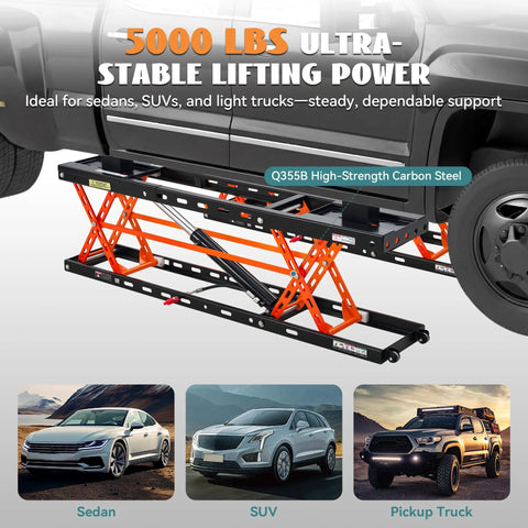 Heavy Duty 5000 Lb Portable Car Lift With Rock Solid Q355B Steel Scissor Jack positioned under a vehicle for easy access.