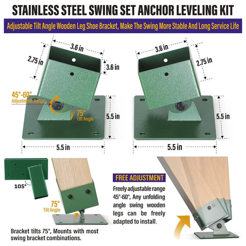 Image showing Stainless Steel Swing Set Anchor Leveling Kit for 4x4 wood posts with green leveling brackets, 45°-60° adjustment.