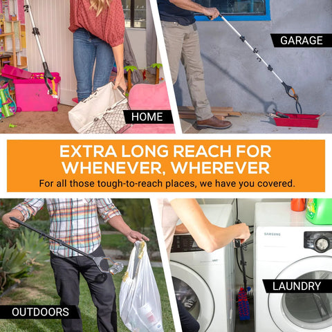 Amazon EZPIK Pro 43-inch foldable grabber reacher tool for seniors; shown in home, garage, outdoors and laundry.