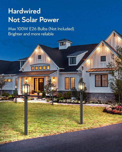 Hardwired 120V Dusk To Dawn Outdoor Post Light Black Exterior Lantern With Pier Mount Base in front of house at night