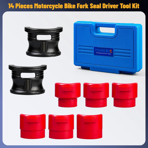 14 Piece Universal Motorcycle Fork Seal Driver Kit with 35mm to 50mm adapters, steel body and case, for bikes