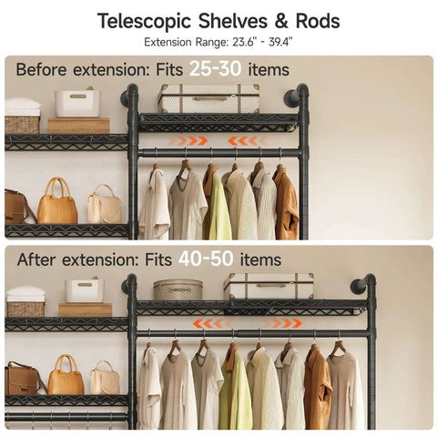 Space Saving Expandable Wall Mounted Closet System With Telescoping Shelves And Adjustable Rods, clothes and shelves view