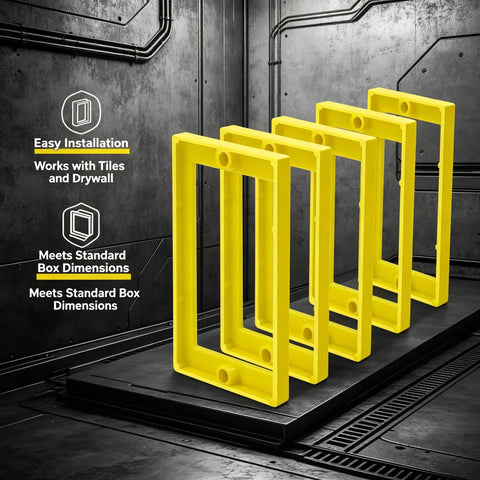Single Gang Outlet Box Extender One Quarter Inch Snap On Wall Plate Gap Filler showing yellow plastic spacers stacked for installation.