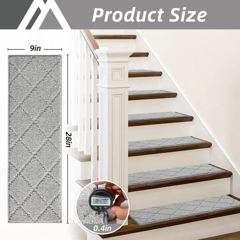 Non Slip Stair Treads For Indoor Wood Steps 28x9 Inch Edging Rugs 4 Pack shown on wooden steps with TPE backing, grey color.
