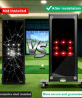 Protective Shield For Square Golf Launch Monitor With Leveling And Ventilated Metal Case Built Tough Indoor Outdoor Golf Simulator Enclosure That Guards Against Collisions Ideal For Golf Lovers Black showing unprotected vs protected monitor
