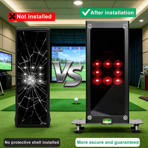 Protective Shield For Square Golf Launch Monitor With Leveling And Ventilated Metal Case Built Tough Indoor Outdoor Golf Simulator Enclosure That Guards Against Collisions Ideal For Golf Lovers Black showing unprotected vs protected monitor