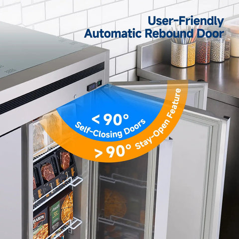 User-friendly automatic rebound door feature of Top Shelf 54 Inch Commercial Reach In Freezer, 49 Cubic Feet Two Door Cold Storage Cabinet.
