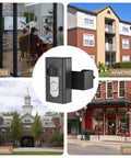 Collage showing No Drill Anti Theft Video Doorbell Mount with images of office, apartment, school, and store for inward swing doors