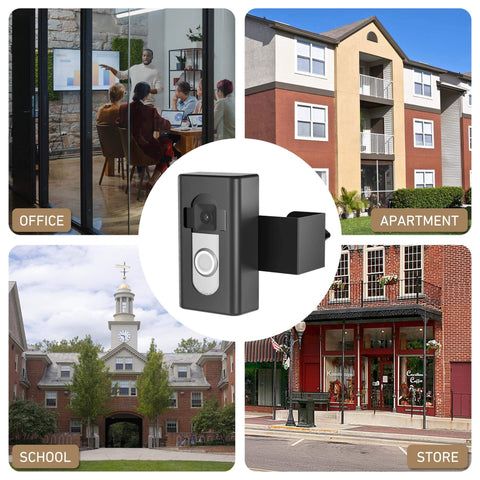 Collage showing No Drill Anti Theft Video Doorbell Mount with images of office, apartment, school, and store for inward swing doors