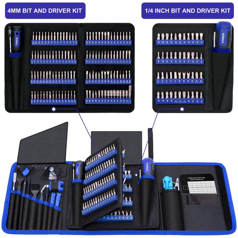 All In One Precision Screwdriver Set With 191 Piece Multi Bit Kit for electronics and home repairs, open showing bits and tools