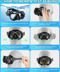 Infographic showing how to wear All In One Dry Snorkel Set With Panoramic Wide View Mask, Anti Fog Scuba Diving Gear For Adults And Kids