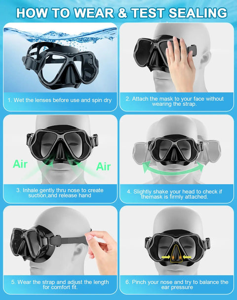Infographic showing how to wear All In One Dry Snorkel Set With Panoramic Wide View Mask, Anti Fog Scuba Diving Gear For Adults And Kids