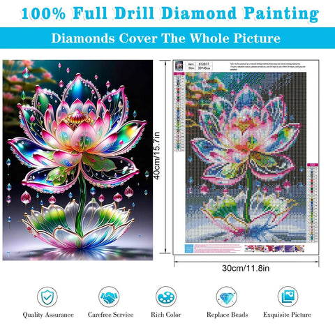 Diamond Painting Kit For Adults Beginners 5D Full Drill Flower Art Set 12x16 Inch DIY Gem Craft with colorful lotus design and tools