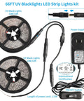 66ft UV Blacklights LED Strip Lights kit with power supply and connector, 40ft Black Light Strip With 720 LEDs pictured