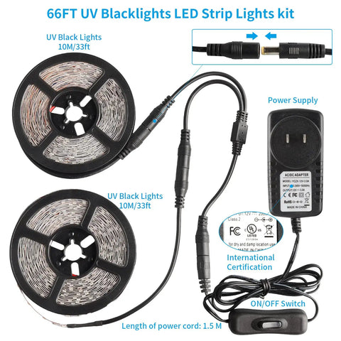 66ft UV Blacklights LED Strip Lights kit with power supply and connector, 40ft Black Light Strip With 720 LEDs pictured