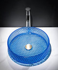 USZWBY Bathroom Vessel Sink Vanity Glass Vessel Bowl Sink Cylindrical Countertop Sink Bowl Above Counter Sink Art Basin with Faucet and Pop Up Drain in blue with modern faucet.