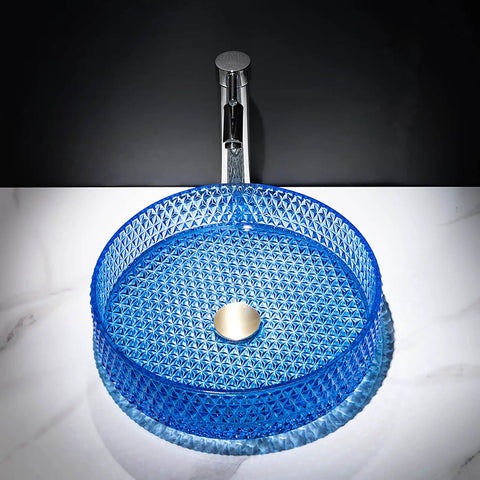 USZWBY Bathroom Vessel Sink Vanity Glass Vessel Bowl Sink Cylindrical Countertop Sink Bowl Above Counter Sink Art Basin with Faucet and Pop Up Drain in blue with modern faucet.