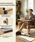 Rolling Laptop Standing Desk With Adjustable Tilting Tabletop And Smooth Locking Casters Lightweight Foldable Computer Workstation in use, featuring caster wheels and height adjustment knob.