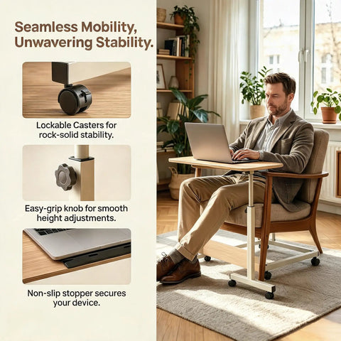 Rolling Laptop Standing Desk With Adjustable Tilting Tabletop And Smooth Locking Casters Lightweight Foldable Computer Workstation in use, featuring caster wheels and height adjustment knob.