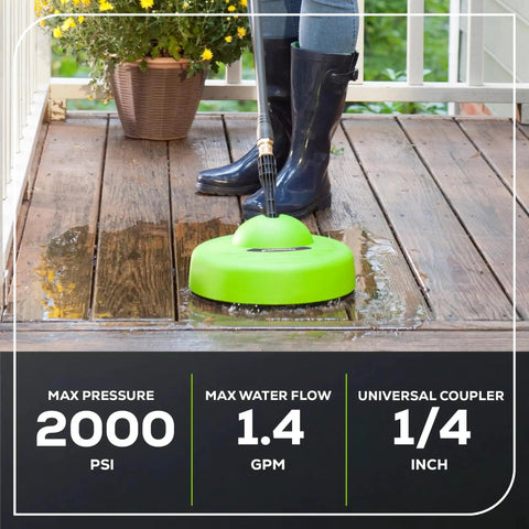 Person using 11 Inch Surface Cleaner For Pressure Washers Universal Attachment With 1/4 Inch Quick Connect on wooden deck