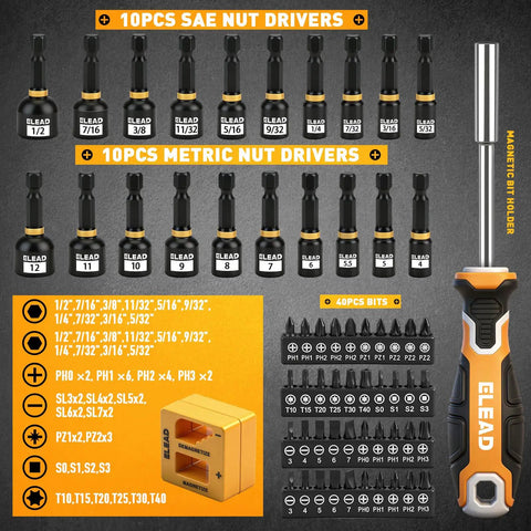 86 Piece Magnetic Screwdriver Set With Torx Slotted Phillips Precision Drivers, SAE And Metric Nut Drivers, bits, and holder shown