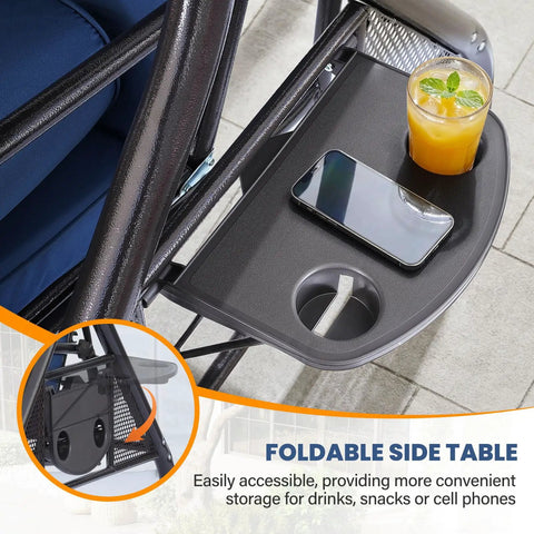Close-up of foldable side table on Three Seat Outdoor Porch Swing With Adjustable Canopy And Stand 2 In 1 Patio Swing Bed