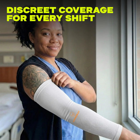 Person wearing UV Shield Arm Sleeves for men and women, 10 pair cooling compression, tattoo cover up, sun protection for work.