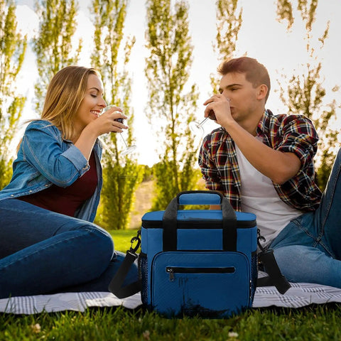 Couple enjoying drinks with Nautical Style Insulated Cooler Tote For Travel And Picnics Large Lunch Bag Beach Ready Car Cooler.